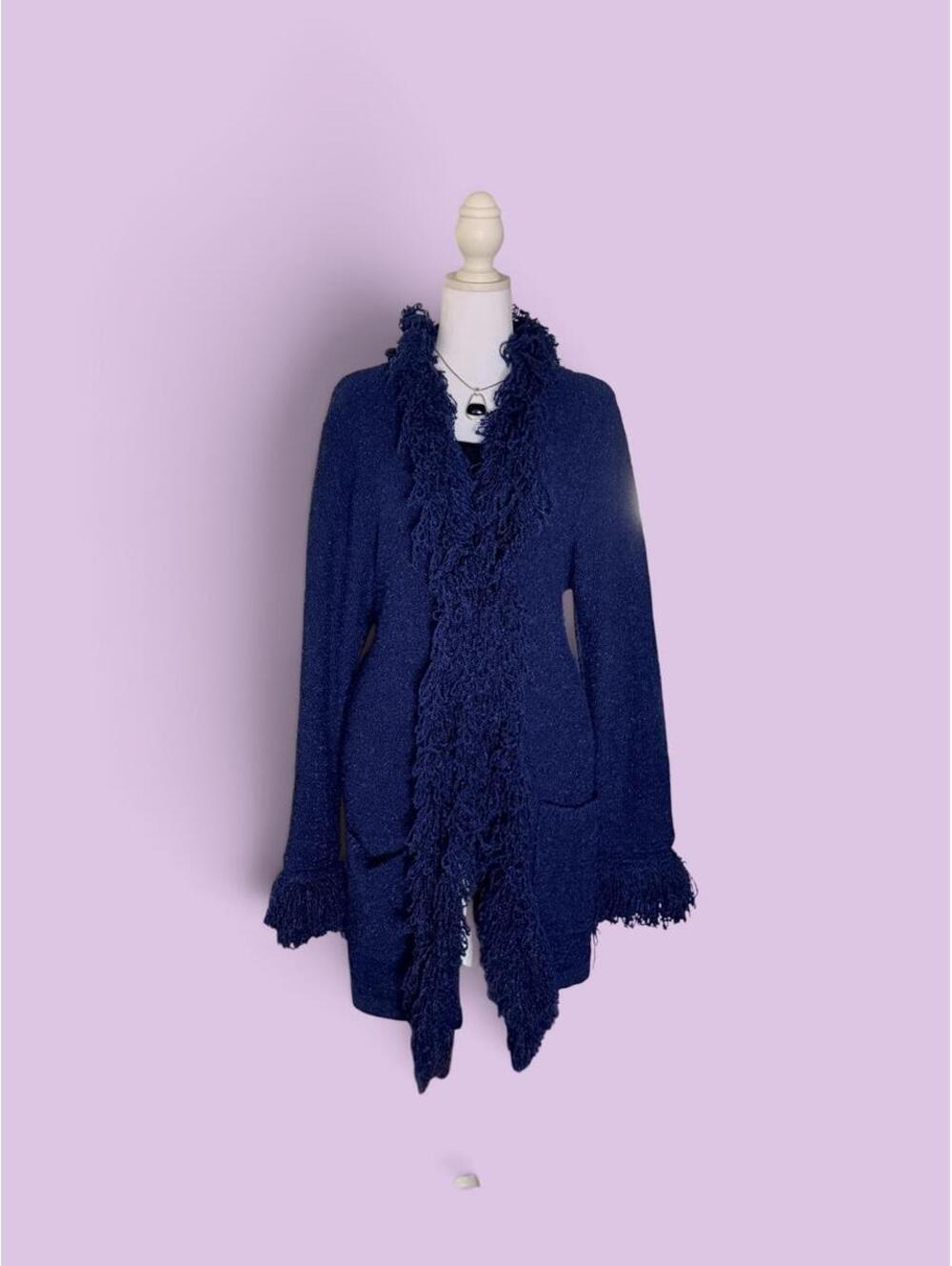 Vintage navy blue cardigan with fringe trim